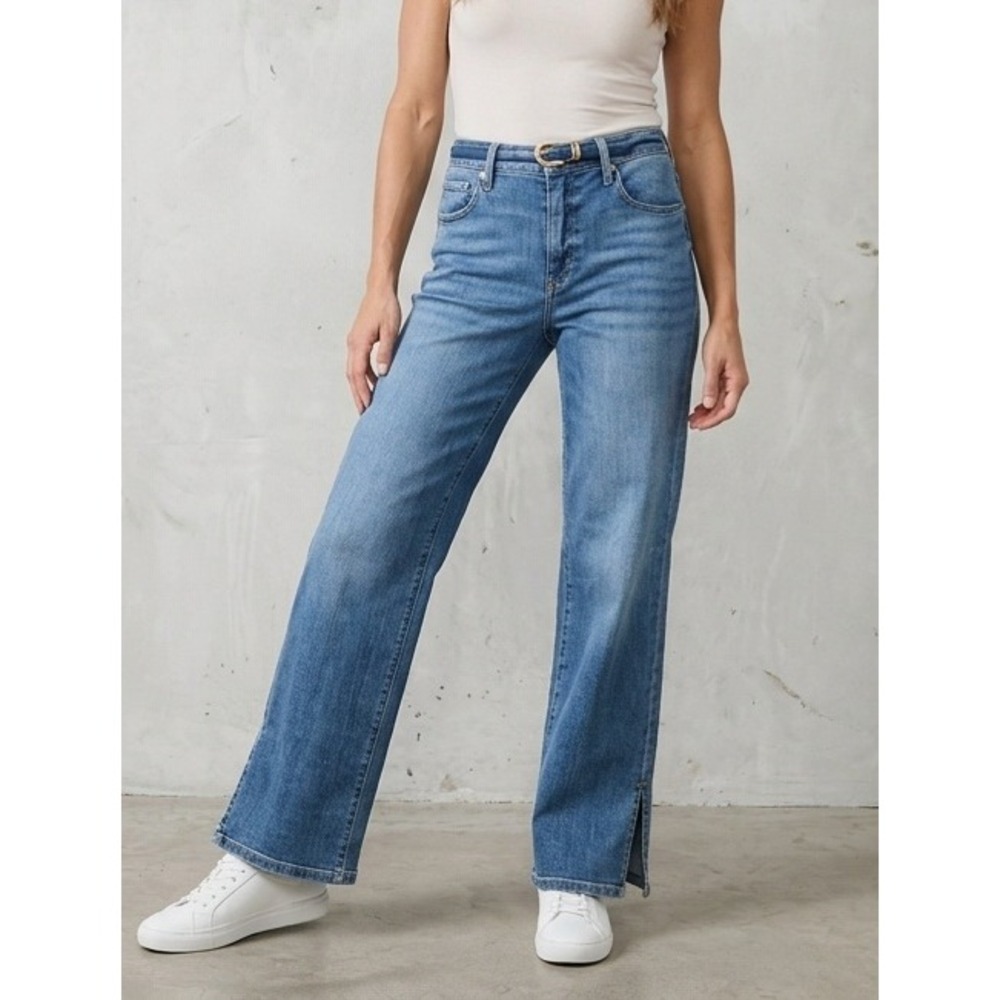 EVEREVE High Rise Wide Leg Side Slit Blue Denim Jeans 28